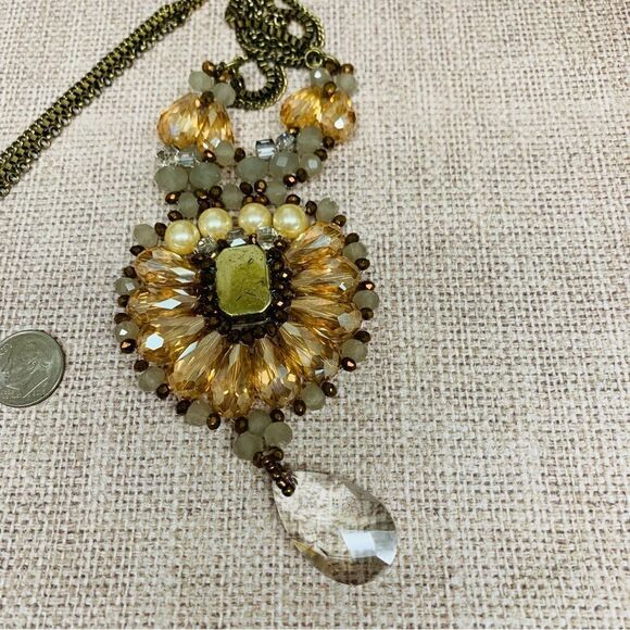 Multi Strand Amber Color Crystal Necklace - Picture 1 of 3